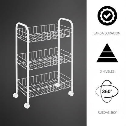 Carrito Organizador Metálico de 3 Niveles | Con Ruedas y Diseño Plegable