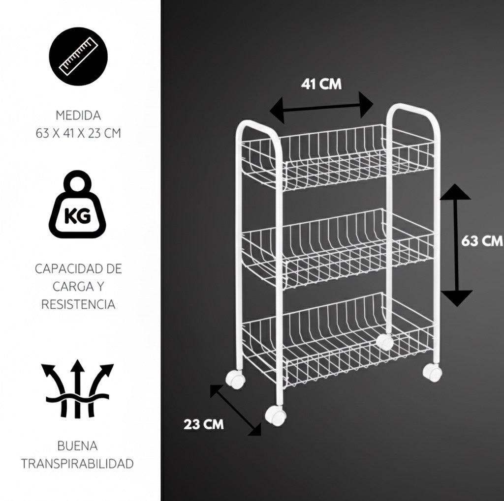 Carrito Organizador Metálico de 3 Niveles | Con Ruedas y Diseño Plegable